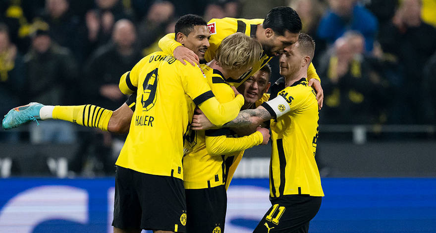 Borussia Dortmund celebrate a goal in their 2-1 win over RB Leipzig