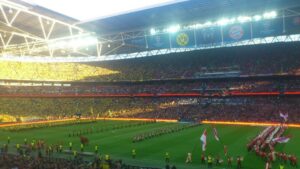 Fans at Wembley Stadium for the 2013 UEFA Champions League final between Borussia Dortmund and Bayern Munich